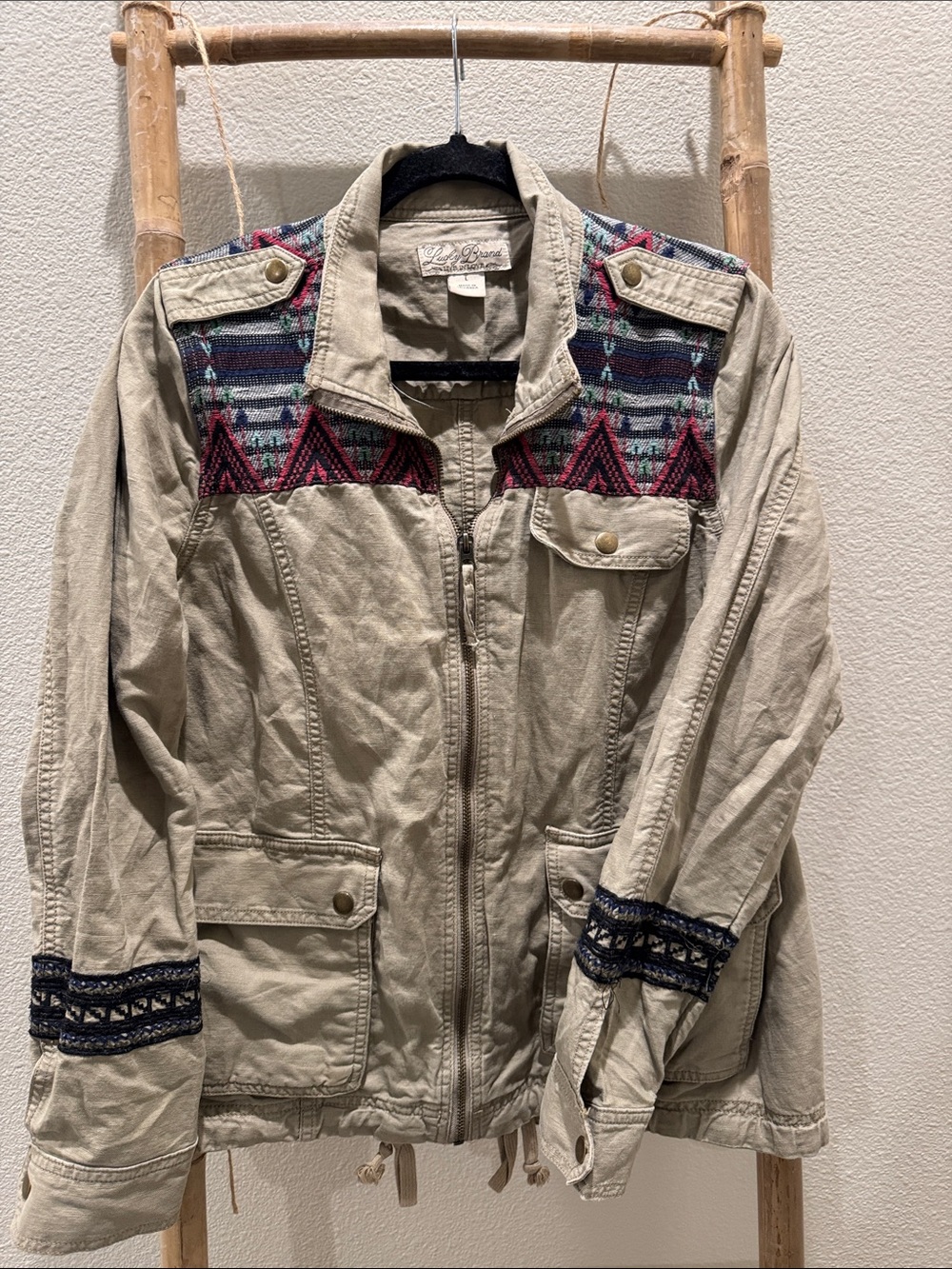 Lucky Brands Women’s Beige Utility Jacket with Multicolor Aztec Trim